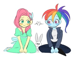 Size: 911x675 | Tagged: safe, artist:thresher_shark_, angel bunny, fluttershy, rainbow dash, human, rabbit, equestria girls, g4, animal, blushing, clothes, dress, female, heart, jacket, lesbian, ship:flutterdash, shipping, simple background, sitting, smiling, white background