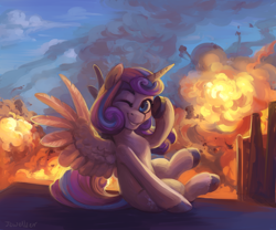 Size: 3600x3000 | Tagged: safe, alternate version, artist:jewellier, princess flurry heart, alicorn, pony, g4, city, cityscape, cloud, explosion, female, flurry heart ruins everything, high res, looking at you, mare, meme, oda 1997, oda 997, older, older flurry heart, one eye closed, sitting, smiling, smiling at you, smoke, solo, spread wings, wings, wink, winking at you