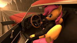 Size: 1920x1080 | Tagged: safe, artist:rainsstudio, scootaloo, pegasus, anthro, plantigrade anthro, g4, 3d, animated, boots, car, car interior, clothes, commission, female, folded wings, grin, hand on knee, hand on leg, jacket, leather, leather jacket, looking at you, nexgen, no sound, older, older scootaloo, road, shoes, shorts, sitting, smiling, socks, solo, source filmmaker, stockings, thigh highs, webm, wings