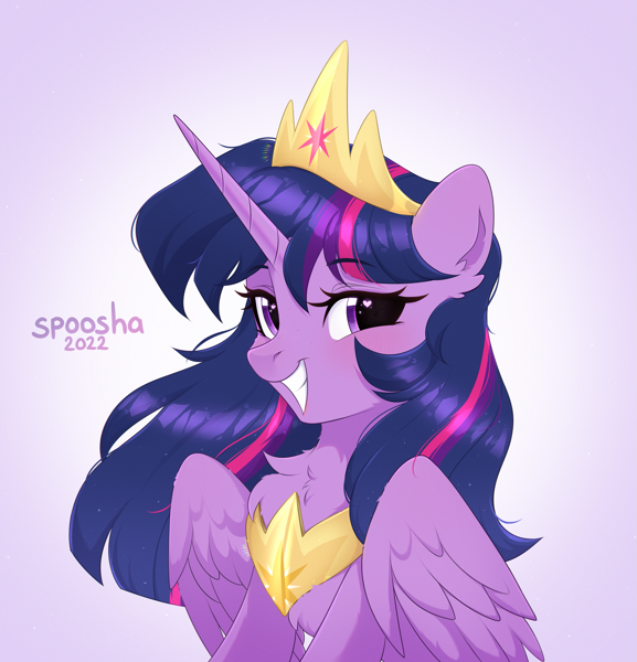 Size: 3037x3156 | Tagged: safe, artist:spoosha, twilight sparkle, alicorn, pony, g4, the last problem, 2022, alternate hairstyle, blushing, chest fluff, colored, concave belly, crown, cute, eyebrows, eyebrows visible through hair, featured image, female, folded wings, gradient background, grin, heart, heart eyes, high res, jewelry, lidded eyes, looking at you, mare, older, older twilight, older twilight sparkle (alicorn), peytral, princess twilight 2.0, regalia, signature, sitting, smiling, smiling at you, smirk, smug, solo, twiabetes, twilight sparkle (alicorn), wing fluff, wingding eyes, wings