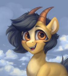 Size: 1800x2000 | Tagged: safe, artist:jewellier, oc, oc only, original species, pony, bust, cloud, commission, fangs, happy, horn, looking at you, multiple horns, portrait, solo