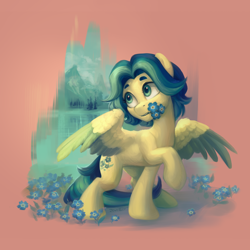 Size: 2300x2300 | Tagged: safe, artist:jewellier, oc, oc only, pegasus, pony, flower, high res, looking away, pegasus oc, requested art, solo, spread wings, wings