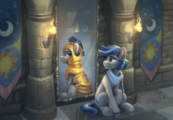 Size: 3470x2420 | Tagged: safe, artist:jewellier, oc, oc only, earth pony, pony, armor, castle, clothes, commission, high res, male, mirror, reflection, royal guard, scarf, sitting, stallion, torch