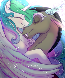 Size: 1337x1600 | Tagged: safe, artist:frowoppy, discord, princess celestia, alicorn, draconequus, pony, g4, cute, duo, duo male and female, ethereal mane, eyebrows, eyes closed, fanart, female, grin, love, male, mare, partially open wings, redraw, ship:dislestia, shipping, smiling, sparkles, starry mane, straight, wings