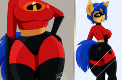 Size: 4277x2809 | Tagged: safe, artist:imaranx, oc, oc only, oc:wild berry, earth pony, anthro, 2 panel comic, bodysuit, butt, clothes, comic, commission, cosplay, costume, elastigirl, female, implied tail hole, large butt, looking back, mare, mask, mirror, mrs. incredible, parody, skintight clothes, superhero, tail, the incredibles, thighs, thunder thighs, wide hips