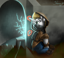 Size: 2772x2480 | Tagged: safe, artist:d3f4ult_4rt1st, artist:sharpy, oc, oc only, pony, unicorn, glowing, glowing horn, high res, horn, magic, s.t.a.l.k.e.r., solo, stalker, telekinesis, unicorn oc, video game
