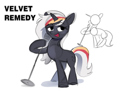Size: 2000x1500 | Tagged: safe, artist:anotherdeadrat, oc, oc only, oc:velvet remedy, pony, unicorn, fallout equestria, female, full body, horn, looking away, mare, microphone, microphone stand, multicolored mane, multicolored tail, open mouth, open smile, simple background, singing, sketch, smiling, solo, tail, unicorn oc, white background