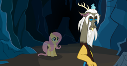 Size: 1506x786 | Tagged: safe, artist:swiftgaiathebrony, idw, discord, fluttershy, draconequus, ghost, pegasus, pony, undead, g5, spoiler:g5comic, cave, crying, fading, female, flutterghost, immortality blues, mare, memories, old man discord, show accurate, tears of pain, teary eyes, tragedy