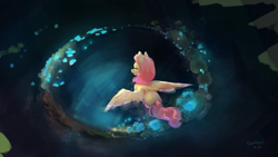Size: 3372x1897 | Tagged: safe, artist:rainsketch, fluttershy, pegasus, pony, g4, eyes closed, female, glowing, luminescence, mare, overhead view, signature, solo, spread wings, swimming, water, wings