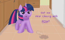 Size: 1127x705 | Tagged: safe, artist:purblehoers, twilight sparkle, pony, unicorn, g4, angry, chocolate, chocolate milk, cute, female, filly, filly twilight sparkle, foal, kitchen, looking at you, madorable, mare, meme, milk, solo, spilled milk, text, unicorn twilight, younger