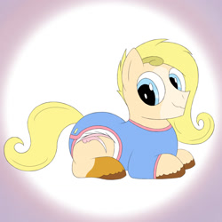Size: 1280x1280 | Tagged: safe, artist:soulless_76, oc, oc only, pony, blonde hair, diaper, lying down, male, non-baby in diaper, onesie, smiling, solo, stallion