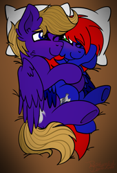 Size: 2181x3208 | Tagged: artist needed, safe, oc, oc only, oc:shrapnel, oc:wing front, pegasus, pony, bed, bedroom, blushing, cuddling, high res, pegasus oc, pillow, spooning, wholesome