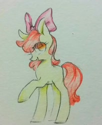 Size: 838x1024 | Tagged: safe, artist:mr_lemo_fuck, apple bloom, earth pony, pony, g4, female, filly, foal, raised hoof, solo, traditional art