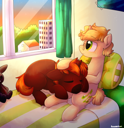 Size: 2818x2894 | Tagged: safe, artist:auroramint, oc, oc only, oc:mellow murmur, oc:shining star, pony, unicorn, bed, colt, cute, gay, high res, love, male, pillow, stallion, window