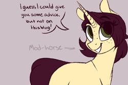 Size: 500x333 | Tagged: safe, artist:lolepopenon, oc, oc only, pony, unicorn, freckles, gray background, simple background, smiling, solo, text