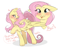 Size: 2500x2000 | Tagged: safe, artist:twisoft, fluttershy, pegasus, pony, :3, :p, blushing, cheek fluff, cute, daaaaaaaaaaaw, dialogue, elbow fluff, female, floppy ears, head tilt, head turned, heart, heart eyes, high res, looking at you, mare, nya, raised hoof, shyabetes, simple background, smiling, solo, spread wings, standing, tongue out, white background, wingding eyes, wings