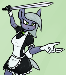 Size: 1070x1222 | Tagged: safe, artist:moonatik, limestone pie, earth pony, anthro, g4, action pose, apron, blushing, bowtie, clothes, dress, gloves, maid, simple background, skirt, solo, sword, weapon