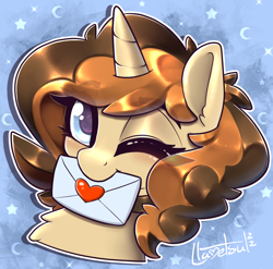Size: 1090x1078 | Tagged: safe, artist:llametsul, oc, oc only, oc:creme cookie, pony, unicorn, colored, cute, female, looking at you, mare, mouth hold, one eye closed, solo, wink, winking at you