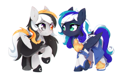Size: 3923x2500 | Tagged: safe, artist:vallionshad, oc, oc only, oc:flaming dune, oc:storm cloud river's, pegasus, pony, blushing, cloak, clothes, cute, dress, duo, duo female, eyeshadow, female, folded wings, freckles, full body, green eyes, heterochromia, high res, looking at each other, looking at someone, makeup, mare, multicolored mane, multicolored tail, oc x oc, pegasus oc, raised hoof, shipping, shoes, simple background, smiling, smiling at each other, tail, transparent background, wings