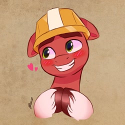 Size: 2048x2048 | Tagged: safe, artist:haruh_ink, sprout cloverleaf, earth pony, pony, g5, my little pony: make your mark, my little pony: make your mark chapter 2, blushing, clothes, coat markings, cute, floppy ears, grin, hard hat, hat, heart, helmet, high res, hooves together, male, smiling, socks (coat markings), solo, sproutbetes, stallion