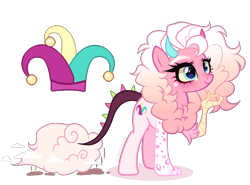 Size: 1579x1168 | Tagged: safe, artist:gihhbloonde, oc, oc only, draconequus, blue eyes, colored horn, colored sclera, horn, horns, interspecies offspring, leonine tail, leopard print, mane, mismatched horns, offspring, parent:discord, parent:pinkie pie, parents:discopie, paws, raised arm, simple background, smiling, solo, tail, talon, transparent background
