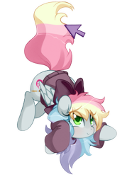 Size: 757x1056 | Tagged: safe, artist:loyaldis, oc, oc only, oc:blazey sketch, pegasus, pony, blushing, bow, clothes, eye clipping through hair, eyebrows, eyebrows visible through hair, face down ass up, floating, folded wings, grey fur, hair bow, long mane, long tail, mouse cursor, multicolored hair, pegasus oc, shy, shy smile, simple background, small wings, smiling, solo, sweater, tail, transparent background, wings
