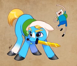 Size: 1024x871 | Tagged: safe, artist:haruh_ink, earth pony, human, pony, adventure time, backpack, clothes, coat markings, finn the human, male, mouth hold, ponified, solo, stallion, sword, weapon