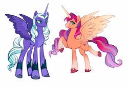 Size: 2888x1979 | Tagged: safe, artist:peachmichea, opaline arcana, sunny starscout, alicorn, pony, g5, my little pony: a new generation, spoiler:g5, spoiler:my little pony: make your mark, coat markings, concave belly, duo, duo female, eyebrows, eyeshadow, female, gradient legs, height difference, high res, long legs, looking at you, makeup, mare, physique difference, race swap, simple background, slender, smiling, smiling at you, smirk, socks (coat markings), spread wings, sunnycorn, tall, thin, white background, wings