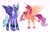 Size: 2888x1979 | Tagged: safe, artist:peachmichea, opaline arcana, sunny starscout, alicorn, pony, g5, my little pony: a new generation, my little pony: make your mark, spoiler:g5, coat markings, concave belly, duo, duo female, eyebrows, eyeshadow, female, gradient legs, height difference, high res, long legs, looking at you, makeup, mare, physique difference, race swap, simple background, slender, smiling, smiling at you, smirk, socks (coat markings), spread wings, sunnycorn, tall, thin, white background, wings