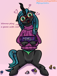 Size: 3120x4160 | Tagged: safe, artist:sugardotxtra, queen chrysalis, oc, oc:acres, oc:sugar dot, changeling, changeling queen, clothes, cute, cutealis, dice, dork, dorkalis, dungeons and dragons, female, figurine, glasses, open mouth, open smile, pen and paper rpg, rpg, sitting, smiling, sweater