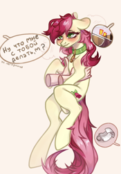 Size: 1402x2000 | Tagged: safe, artist:rustya, roseluck, human, pony, g4, behaving like a cat, collar, commission, commissioner:doom9454, cute, cyrillic, disembodied hand, hand, holding a pony, pet tag, pony pet, rosepet, russian, text, translated in the description