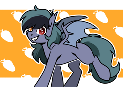Size: 4093x2894 | Tagged: safe, artist:jellysketch, oc, oc only, oc:scrimmy, bat pony, pony, bat pony oc, bat wings, cute, ear fluff, fangs, food, gritted teeth, heterochromia, looking at you, male, mango, pony oc, simple background, smiling, smiling at you, solo, spread wings, stallion, teeth, wings