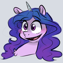 Size: 1000x1000 | Tagged: source needed, safe, artist:smirk, izzy moonbow, pony, unicorn, g5, blushing, bust, colored sketch, creepy, sharp teeth, solo, teeth