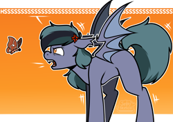 Size: 4093x2894 | Tagged: safe, artist:jellysketch, oc, oc only, oc:scrimmy, bat pony, insect, moth, pony, angry, bat pony oc, bat wings, fangs, heterochromia, hissing, looking at you, male, pony oc, simple background, solo, spread wings, stallion, teeth, wings