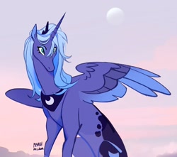 Size: 2332x2062 | Tagged: safe, artist:peachmichea, princess luna, alicorn, pony, g4, high res, moon, solo, spread wings, wings