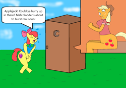 Size: 1584x1100 | Tagged: safe, artist:goofermutt, apple bloom, applejack, earth pony, anthro, g4, 1000 hours in ms paint, bow, crossed legs, desperation, implied pooping, need to pee, outhouse, potty time, sitting, sitting on toilet, toilet