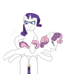 Size: 6000x6000 | Tagged: safe, rarity, sweetie belle, pony, unicorn, g4, 1000 hours in ms paint, abuse, angry, duo, duo female, eyes closed, female, over the knee, punishment, screaming, simple background, spanking, white background