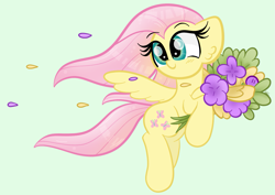 Size: 1241x877 | Tagged: safe, artist:sugarcloud12, fluttershy, pegasus, pony, g4, blushing, cute, ear fluff, female, flower, flower petals, flowing mane, flying, green background, mare, shyabetes, simple background, solo