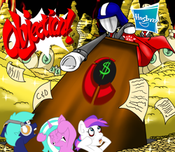 Size: 1152x1000 | Tagged: safe, artist:jerrid120, oc, oc only, earth pony, pony, unicorn, bronycon, bronycon 2016, ace attorney, angry joe, bag, cape, cease and desist, clothes, coin, corporate commander, covering eyes, dollar sign, eyes closed, fire, floppy ears, frog (hoof), hasbro, headphones, helmet, horn, looking up, lucifer hasbro, money, money bag, objection, pointing, ponified, scared, scroll, shocked, smiling, sparkles, text, underhoof
