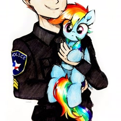 Size: 2502x2502 | Tagged: safe, artist:liaaqila, rainbow dash, human, pegasus, pony, g4, :<, cute, dashabetes, eye clipping through hair, female, high res, holding a pony, human male, male, mare, police, signature, simple background, smiling, traditional art, white background