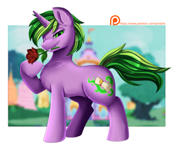 Size: 3569x3041 | Tagged: safe, artist:pridark, spike, pony, unicorn, g4, flower, flower in mouth, high res, male, mouth hold, one eye closed, patreon, patreon logo, patreon reward, ponified, ponified spike, rose, rose in mouth, solo, species swap, url