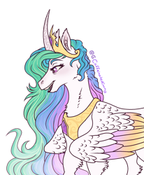 Size: 1776x2160 | Tagged: safe, artist:caffeinatedcarny, princess celestia, alicorn, pony, g4, colored wings, curved horn, female, gradient wings, horn, horn runes, jewelry, mare, older, simple background, smiling, solo, tiara, transparent background, wings