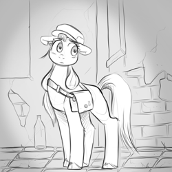 Size: 1000x1000 | Tagged: source needed, safe, artist:smirk, sunny starscout, earth pony, pony, g5, bag, black and white, brick wall, cobblestone street, full body, grayscale, hat, monochrome, solo