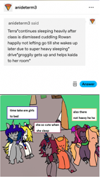 Size: 1177x2065 | Tagged: safe, artist:ask-luciavampire, oc, changeling, dracony, dragon, earth pony, hybrid, kirin, pony, undead, vampire, vampony, ask, kirin oc, sleeping, tumblr