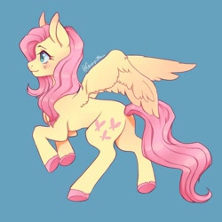 Size: 1319x1319 | Tagged: safe, artist:grumpimoon, fluttershy, pegasus, pony, g4, blue background, blushing, colored hooves, cute, ear blush, female, looking sideways, mare, profile, shyabetes, simple background, smiling, solo, spread wings, unshorn fetlocks, wings