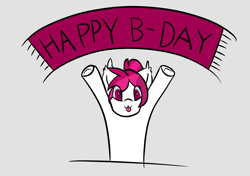 Size: 967x681 | Tagged: safe, artist:pillow, oc, oc:suki, pony, succubus, :3, birthday, happy birthday, hooves in air, simple background, solo, tongue out