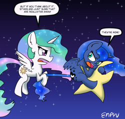 Size: 1200x1144 | Tagged: safe, artist:empyu, princess celestia, princess luna, alicorn, pony, g4, 45 minute art challenge, angry, argument, chibi, duo, ethereal mane, female, mare, night, open mouth, royal sisters, sibling rivalry, siblings, sisters, speech bubble, starry mane, starry tail, stars, tail, tangible heavenly object