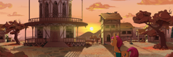 Size: 4770x1590 | Tagged: safe, artist:kirasunnight, sunny starscout, earth pony, pony, g5, abandoned, bag, female, mare, ponyville, ponyville town hall, solo, sun, sunset, tree