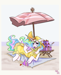 Size: 1129x1379 | Tagged: safe, artist:lytlethelemur, princess celestia, alicorn, pony, g4, beach, beach towel, cake, cakelestia, clothes, dress, female, food, frown, mare, one eye closed, open mouth, scroll, solo, summer, summer dress, sundress, umbrella