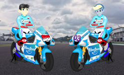 Size: 688x416 | Tagged: safe, artist:mazakbar567, artist:velodraws, oc, oc only, oc:rabkazam flash, oc:velodash, human, equestria girls, g4, clothes, hasbro, hasbro logo, jacket, logo, motogp, motorcycle, motorsport, race, racing, racing suit, sitting